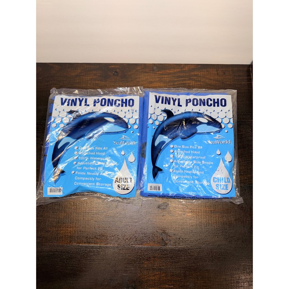 SeaWorld Orca Vinyl Poncho Adult & Child Size 2 Pack Waterproof Hooded‎ Shamu